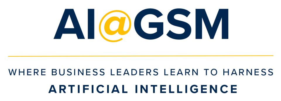 Logo with the text "AI@GSM" and the tagline "Where business leaders learn to harness artificial intelligence.