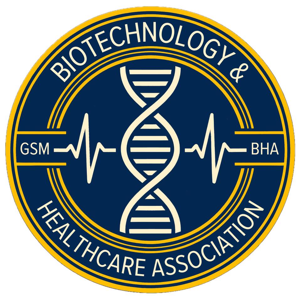 A circular logo with a DNA double helix in the center, flanked by ECG lines, and the words "Biotechnology & Healthcare Association" around the edge.