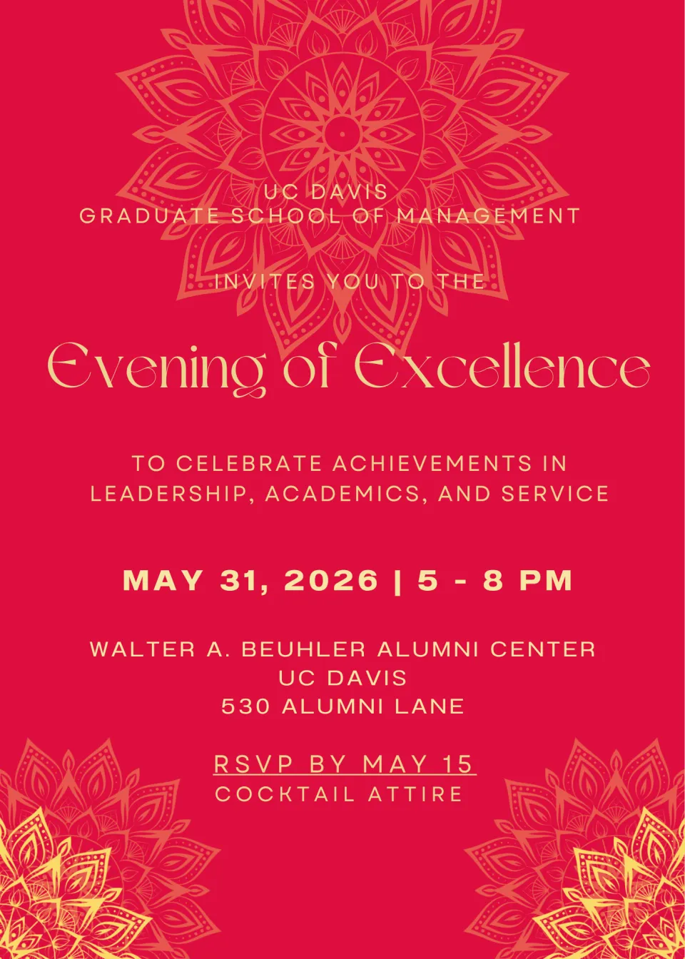 Red and gold invitation for UC Davis Graduate School of Management's "Evening of Excellence" event on May 31, 2026, at 5-8 PM, celebrating leadership, academics, and service.