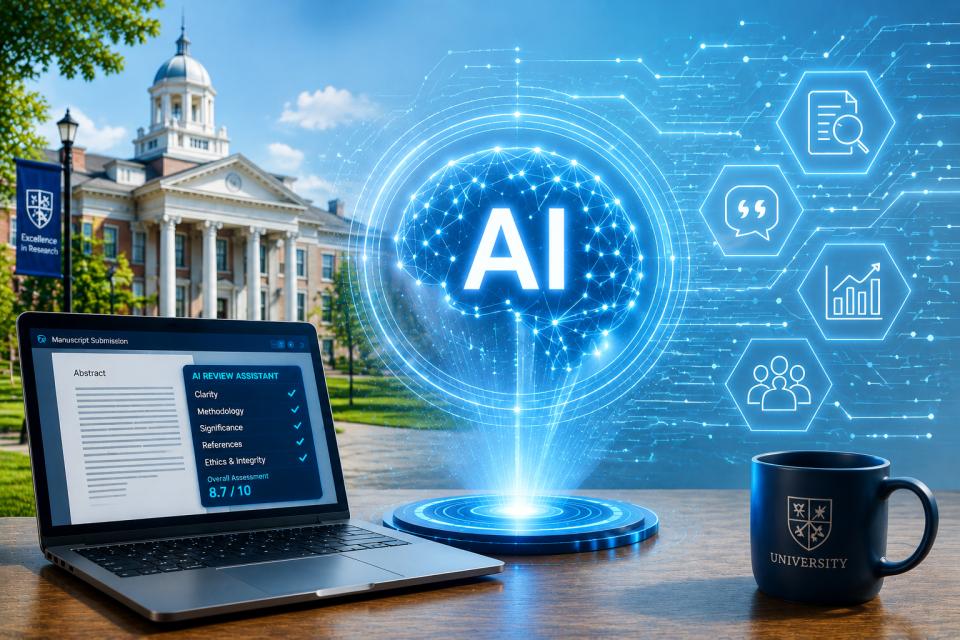 A university campus with a laptop, coffee mug, and holographic AI graphics representing manuscript review and academic research.