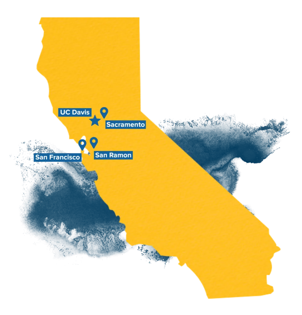 Yellow map of California with markers for San Francisco, San Ramon, Sacramento, and UC Davis, over a blue paintbrush-style background.