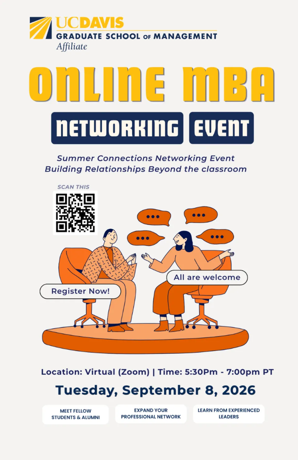 UC Davis Online MBA Networking Event flyer with event details, a QR code, and an illustration of two people interacting. Event is virtual on September 8, 2026, at 5:30pm PT.