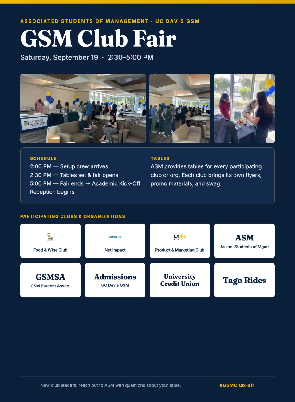 GSM Club Fair poster with event details, schedule, table info, and logos for participating clubs and sponsors. Blue and gold color scheme with two event photos at the top.