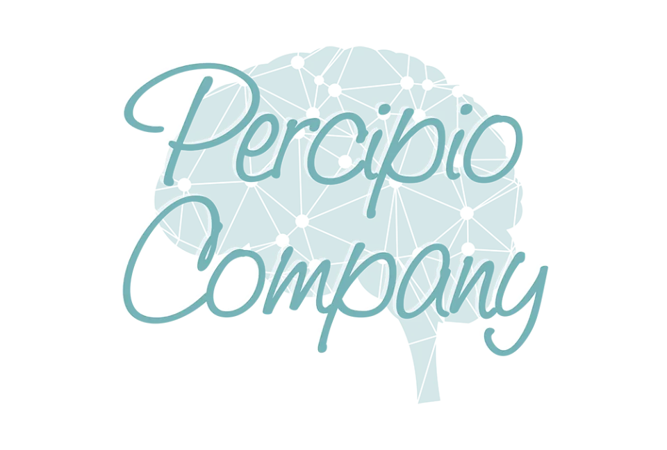 Light blue cursive text “Percipio Company” over a geometric brain illustration with connected dots on a white background.