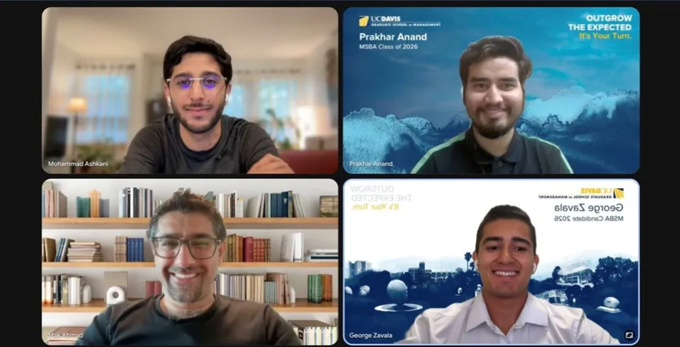 A four-panel grid showing a video call with participants Mohammad Ashkani, Prakhar Anand, Mak Ahmad, and George Zavala.