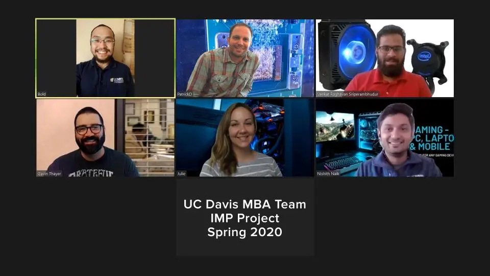 Screenshot of a video call with six smiling team members. Text reads: "UC Davis MBA Team IMP Project Spring 2020.