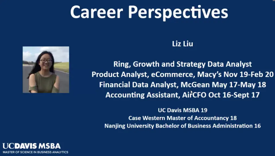 "Career Perspectives" presentation slide with information about Liz Liu