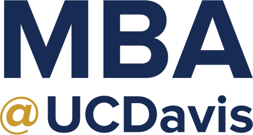 Large text reads "MBA @ UCDavis" with "MBA" in dark blue and "@ UCDavis" in dark blue and gold on a light background.