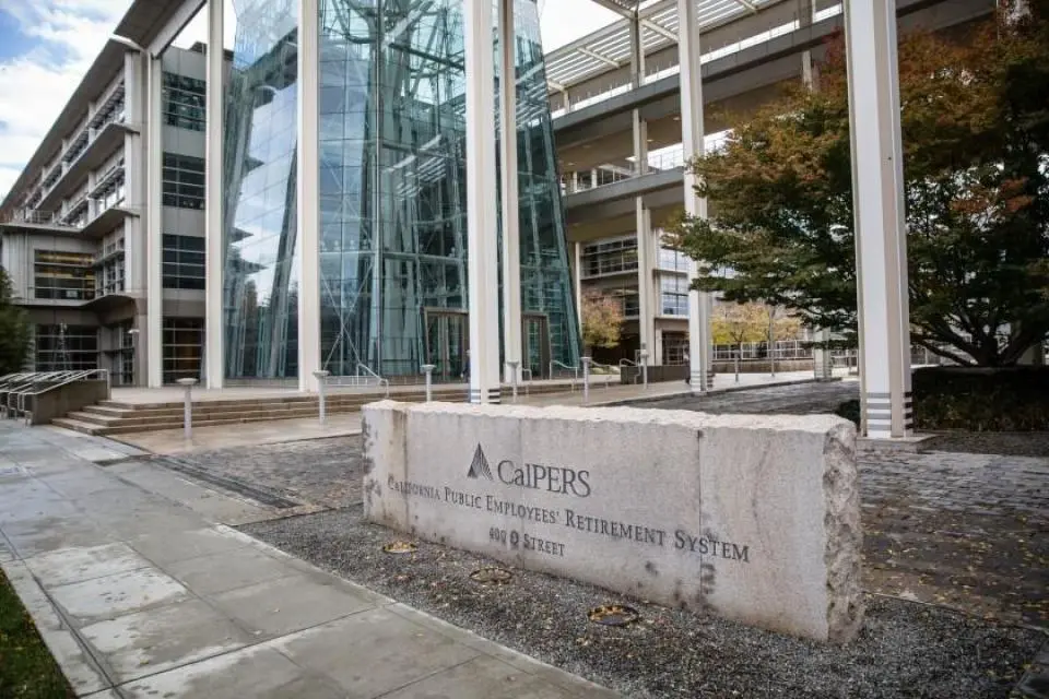 Outside CalPERS headquarters, a large modern building
