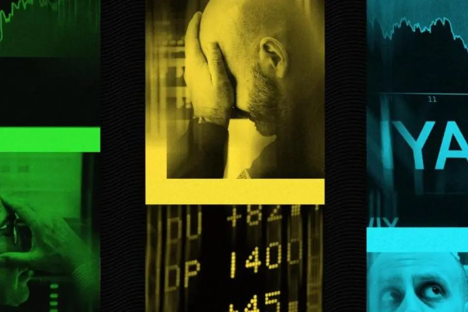 Frustrated investors and stock charts in green, yellow, and blue tint