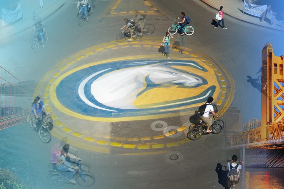 Collage of Golden Gate Bridge, UC Davis bike circle and Sacramento Tower Bridge