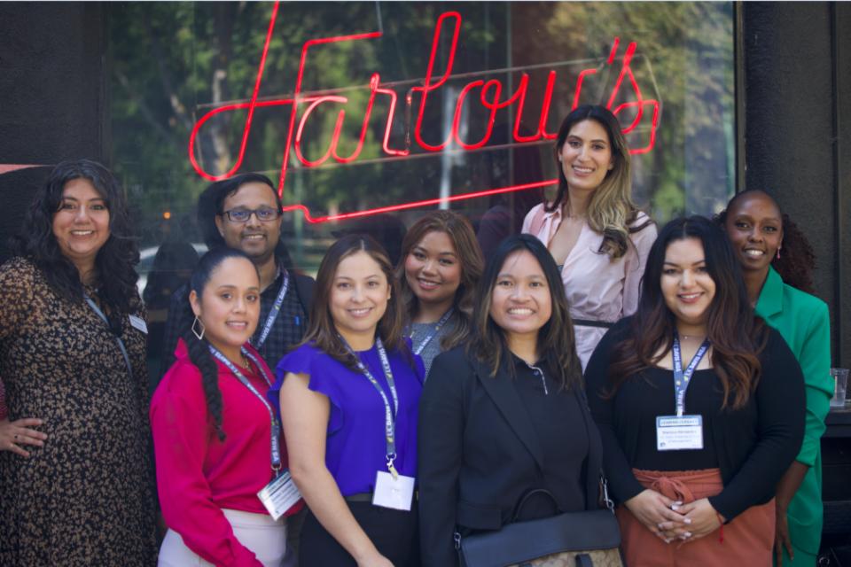 A group of Sac MBA students outside a restaurant in midtown Sacramento