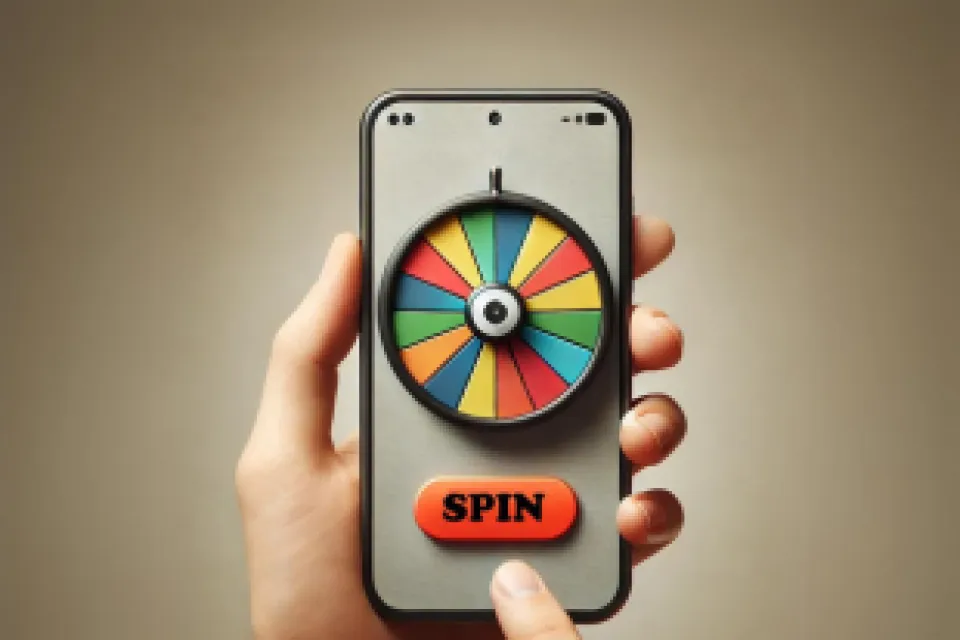 A mobile phone displaying a digital spinning wheel with colorful segments and a large red 'Spin' button below it. A hand is holding the phone, ready to spin the wheel.