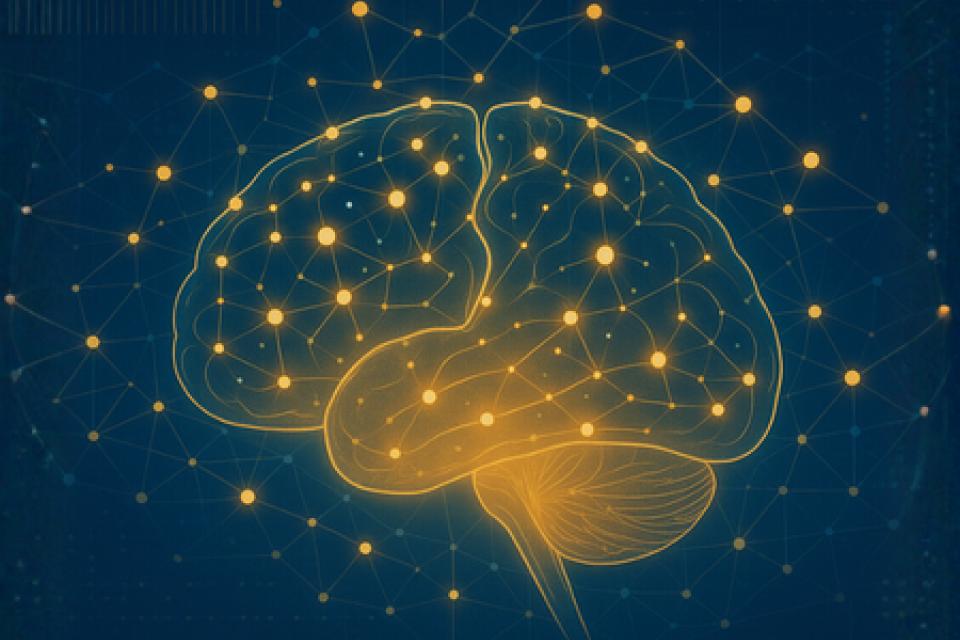 Illustration of a human brain glowing in gold, with interconnected neural nodes and data network lines on a dark blue background, symbolizing artificial intelligence, analytics, and cognitive research.