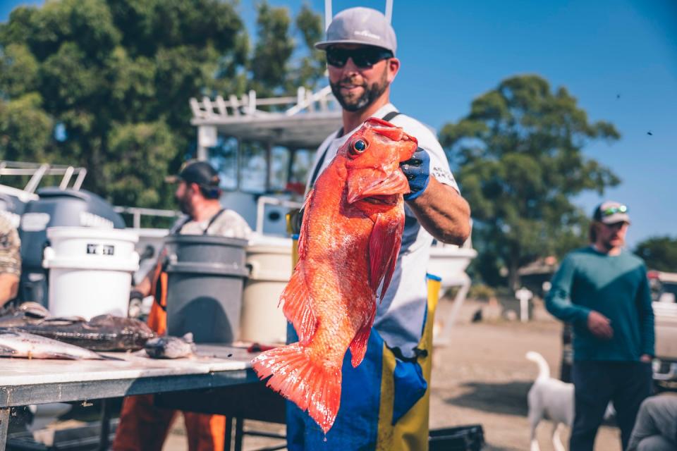 man holding up an orange fish