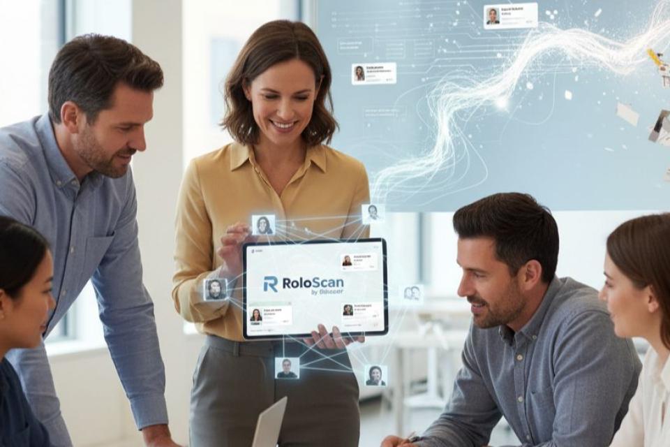 Woman holding iPad featuring Roloscan website