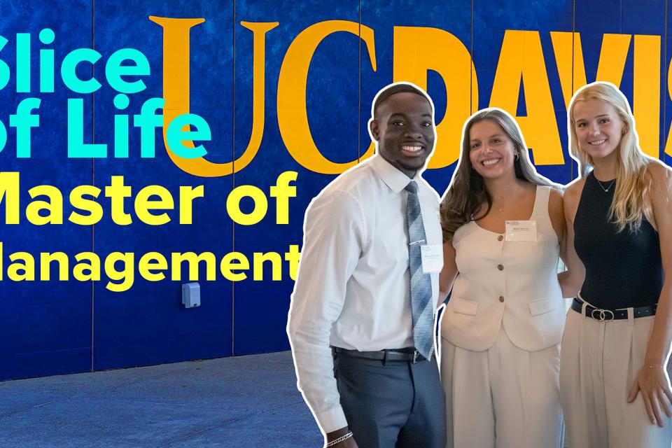 Three MM Students in front of a UC Davis sign