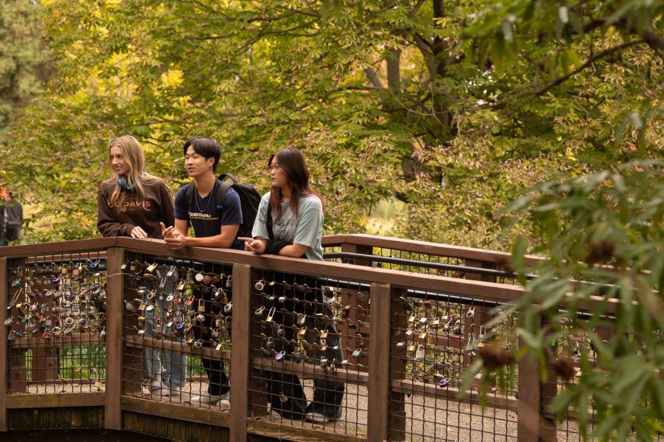 Three people stand on a wooden bridge covered with numerous padlocks, surrounded by green trees and foliage.