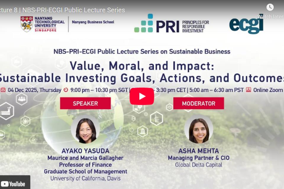Screenshot of a YouTube lecture titled "Value, Moral, and Impact: Sustainable Investing Goals, Actions, and Outcomes" featuring speaker Ayako Yasuda and moderator Asha Mehta.