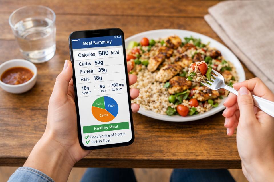 Person holding a smartphone displaying meal nutrition information while eating a plate of grilled chicken, quinoa, and vegetables. A glass of water and sauce are on the table.