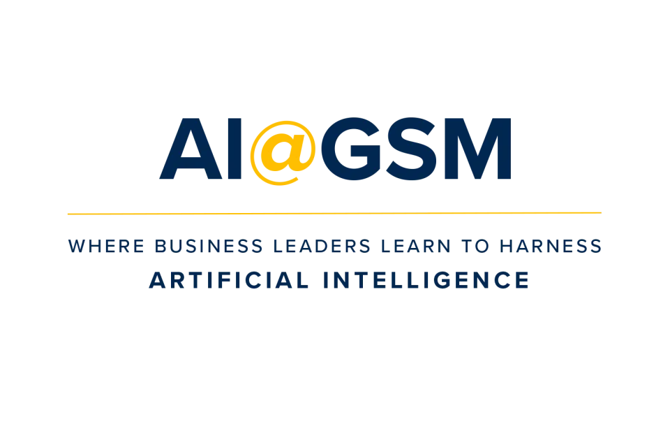 Logo for AI@GSM with tagline: "Where business leaders learn to harness artificial intelligence" on a light gray background.
