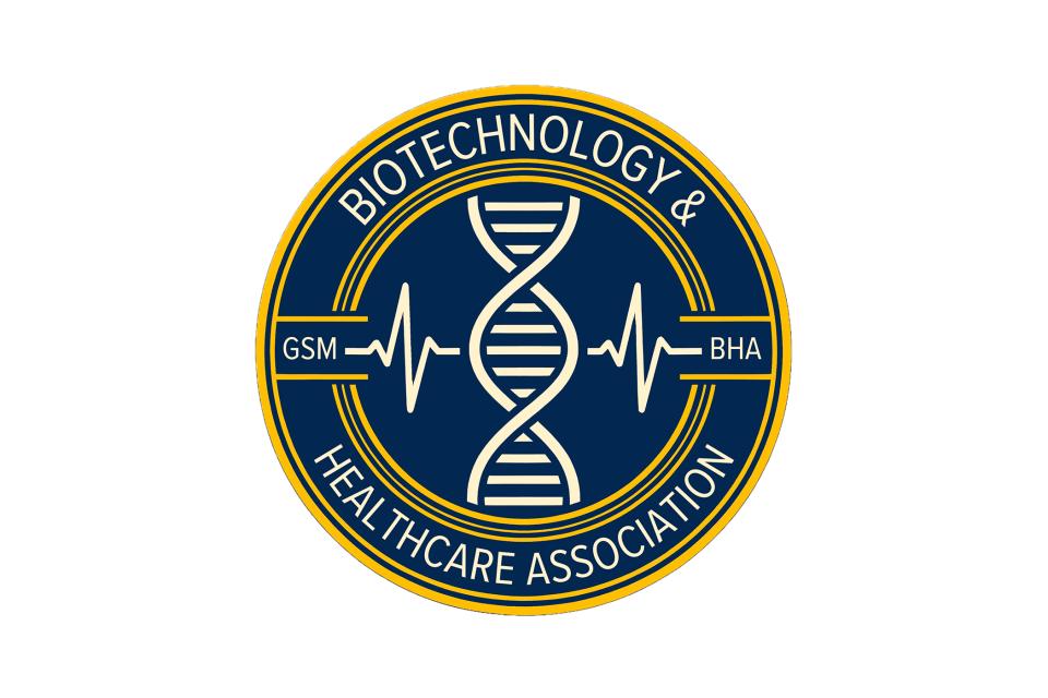 A circular logo for the Biotechnology & Healthcare Association features a DNA double helix and EKG lines, with "GSM" and "BHA" on each side, in navy blue and gold.