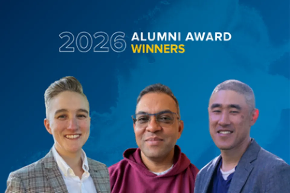 Three people stand in front of a blue background with the text "2026 Alumni Award Winners" above them.